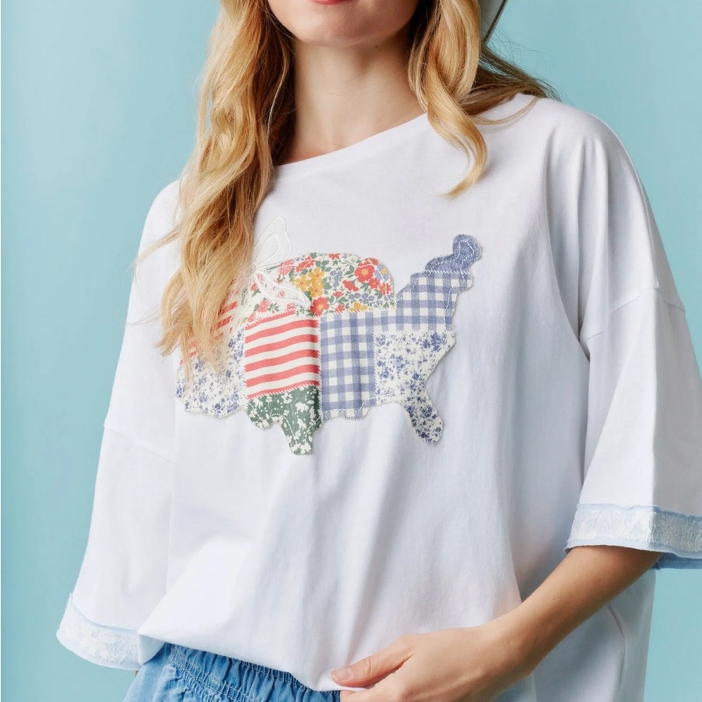 Peach Love USA Land of the Free America Oversized Patchwork Quilted Tee - Picture 4 of 12